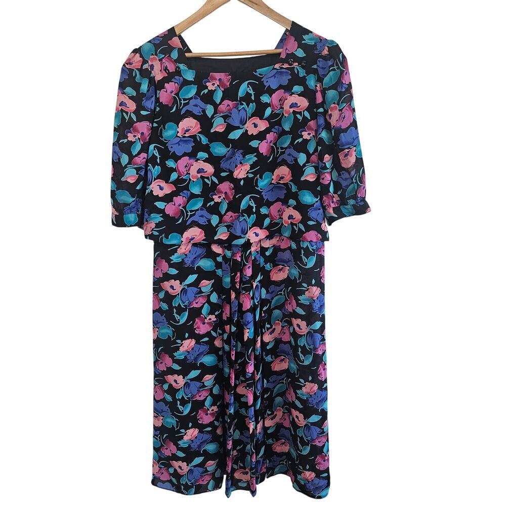 Vintage Floral Shirt Dress Women Medium Pink Floral Cottage 90s Glam Party Retro